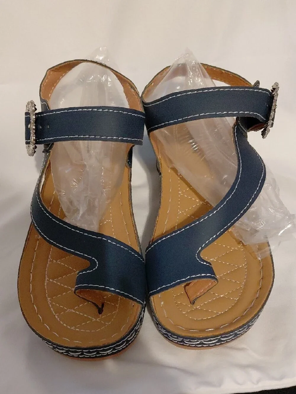 Women's Navy Wedge Sandals with Rhinestone Buckle